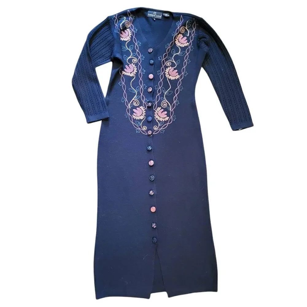 Vintage Carole Little Dress Women's Medium Black Embroidered Midi Sweater Cable